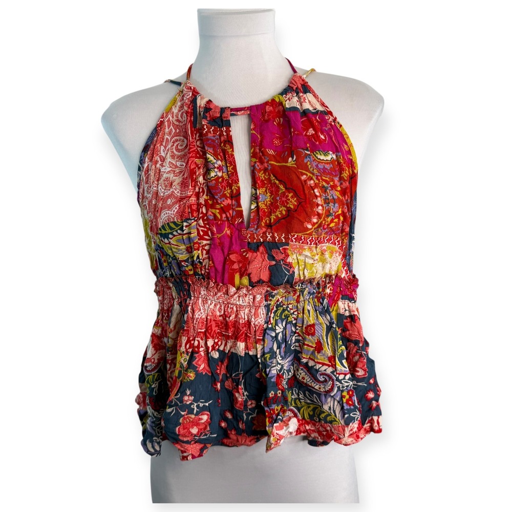 Rachel Zoe Multicolored Patchwork‎ Floral Paisley Peplum Halter Top Small NWT
